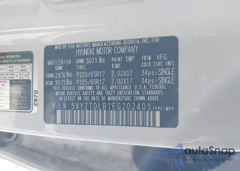 2014 Hyundai Santa Fe Sport 2.4L from USA, damaged, VIN 5XYZTDLB1EG202401